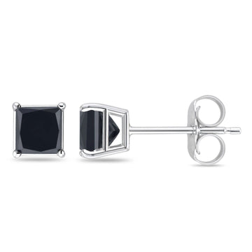 Solitaire Princess Cut Stud Earrings Simulated Black CZ 925 Sterling Silver